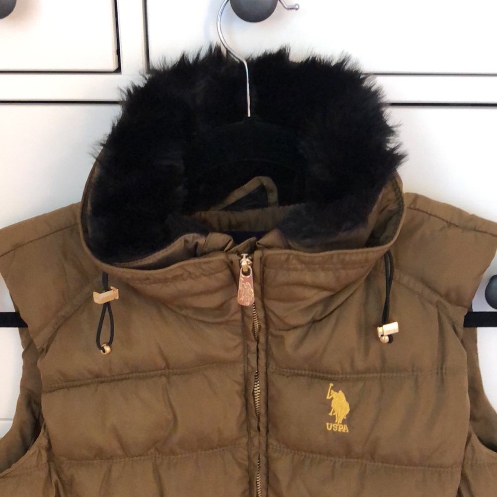 POLO Olive Brown Puffer Vest w/ Black Fur Neck - Picture 3 of 8